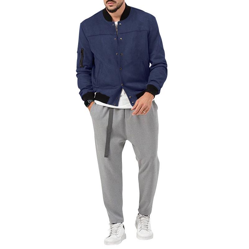 Suede Stand-Up Collar Men's Button Cardigan Jacket - Autumn/Winter Retro American Casual Outerwear