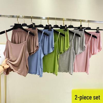 Hot Summer Lace Camisole Pajama Set for Women - Plus Size, Loose Fit Two-Piece with Shorts and Vest.