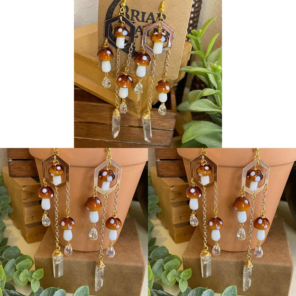 Bohemia Handmade Alloy Mushroom Drop Earrings With Transparent Crystal For Summer Style