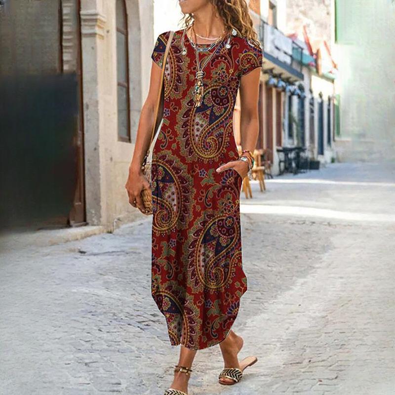 IHUASU Women's O Neck Plug Pocket Short Sleeve Trendy Printed Dresses