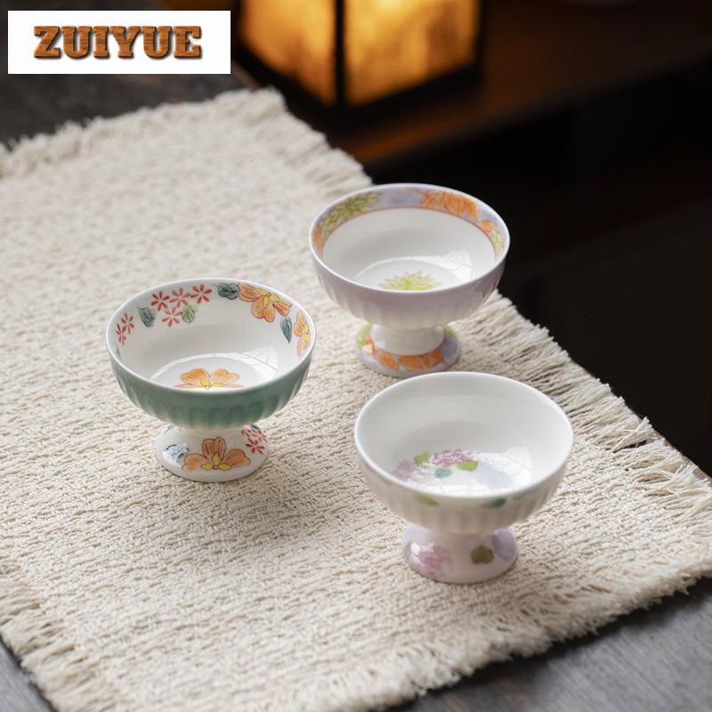 80ml Hand-painted Floral High Foot Teacup Aesthetic Tea Bowl Tea Pair Tea-tasting Meditation Cup Jianzhan Master Cups Tea Items