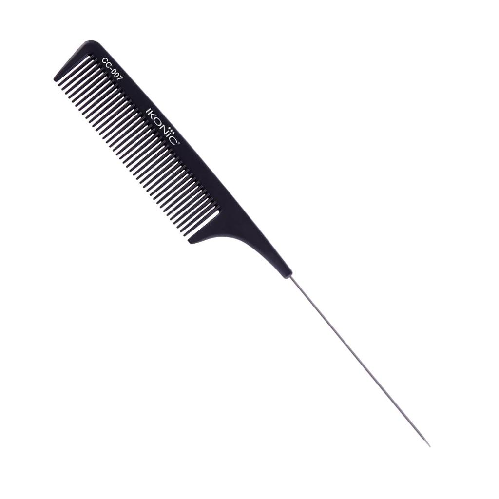 IKONIC CARBON COMB - CC-007 BLACK with Ionic Coating for Static Free Styling, Comes with an Extended Tapered Steel Handle That Doubles As a Hair