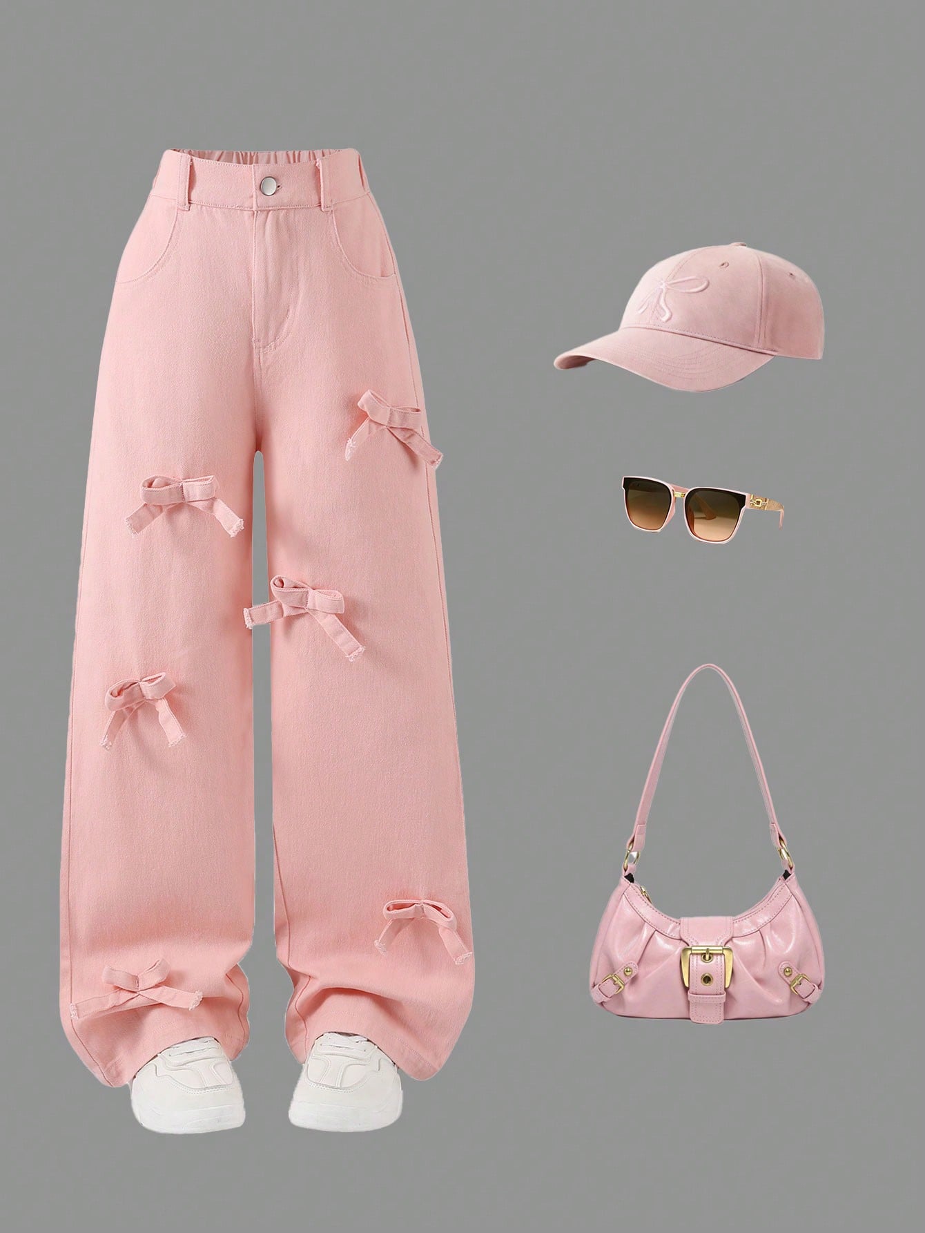 

Single-piece girls wide-leg straight-leg jeans with a fashionable, casual, trendy, and cute pink 3D bow. 8Y розовый