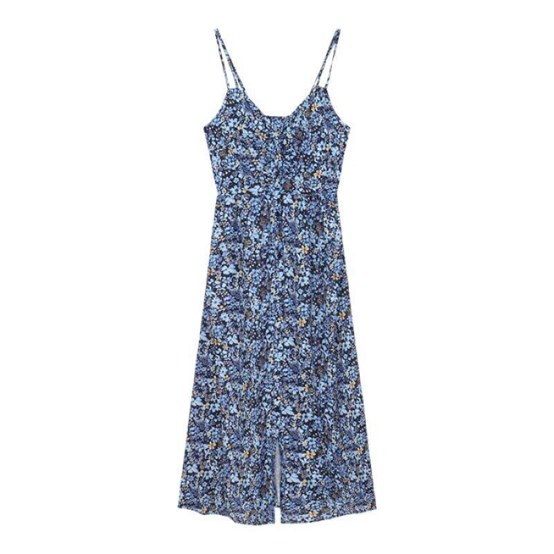 French-Style Floral V-Neck Spaghetti Strap Dress for Women, Summer Sweet and Spicy Girl Dress, Blue Retro Elegant Slit Long Dress Hao X672 Blue S
