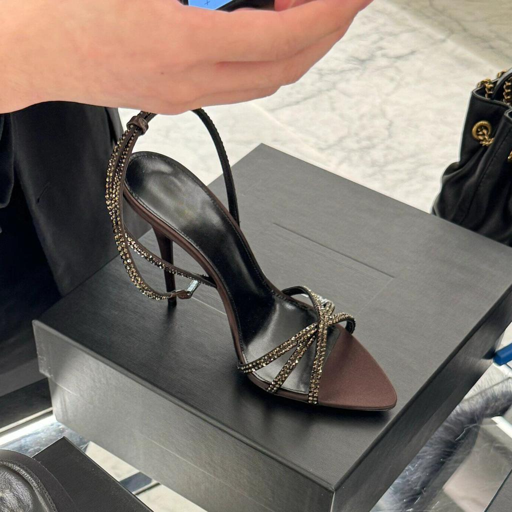 2025 summer new rhinestone brown stiletto sexy satin open-toed pointed one-word strap cross-strap sandals women