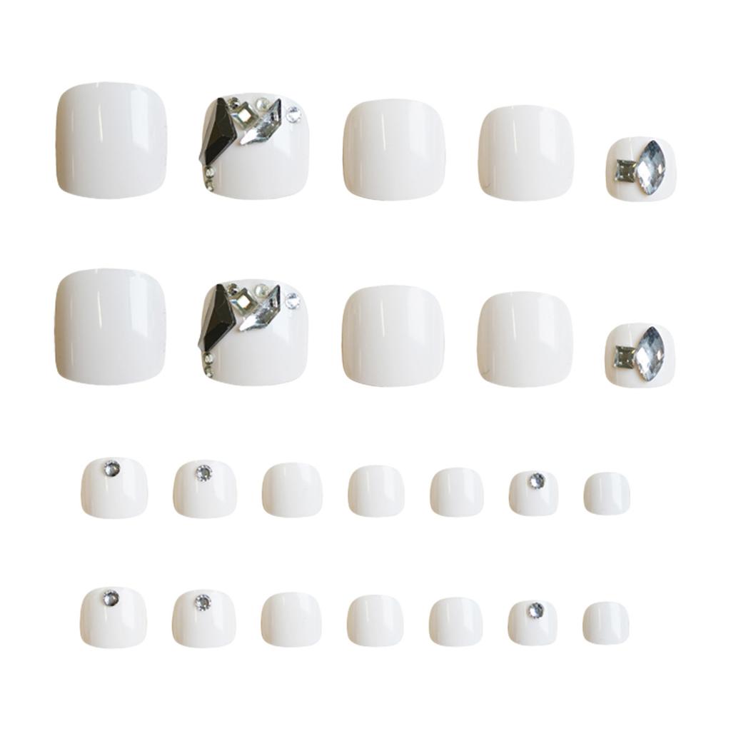 White Square Fake Toenails with Rhinestone Sweet & Charming Reusable False Nails for Stage Performance Wear