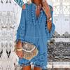 Vestido Mini Boho de Encaje con Escote en V y Borlas de Manga Tres Cuartos para Mujer