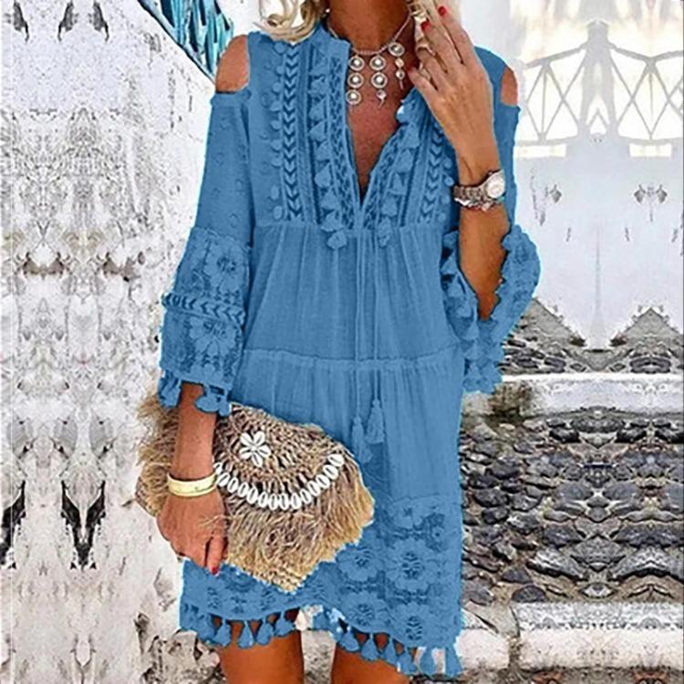Vestido Mini Boho de Encaje con Escote en V y Borlas de Manga Tres Cuartos para Mujer