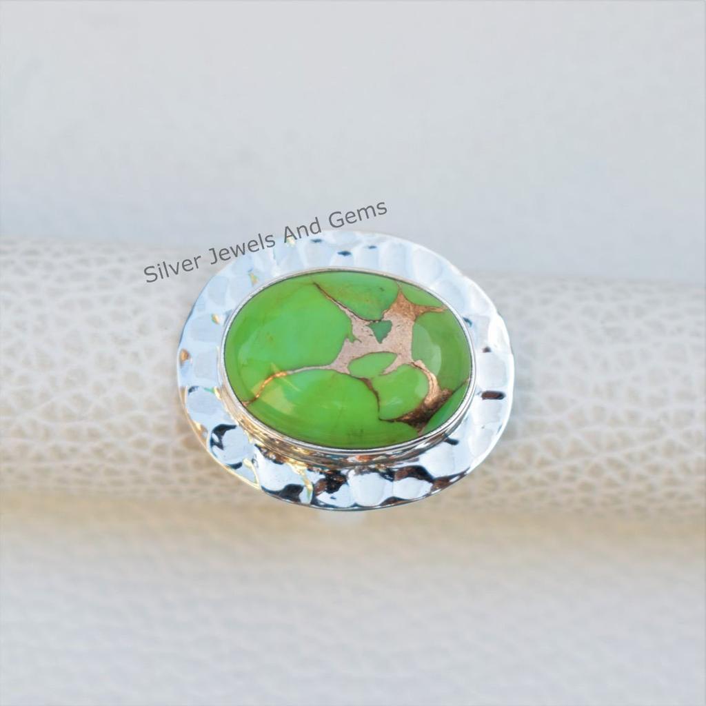 Hammered 925 Sterling Silver Green Turquoise Ring, Oval Copper Turquoise Hammered Ring