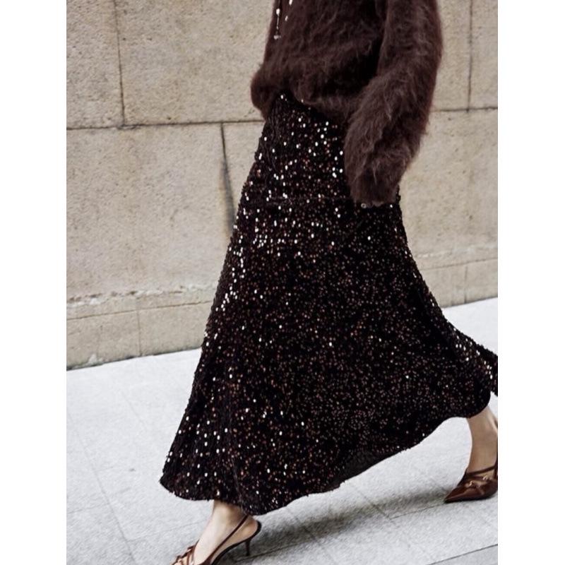 Modern Sequin Velvet Midi Fishtail Skirt - Women s High Waist Slimming Autumn Fashion 2025 Medium кофейный