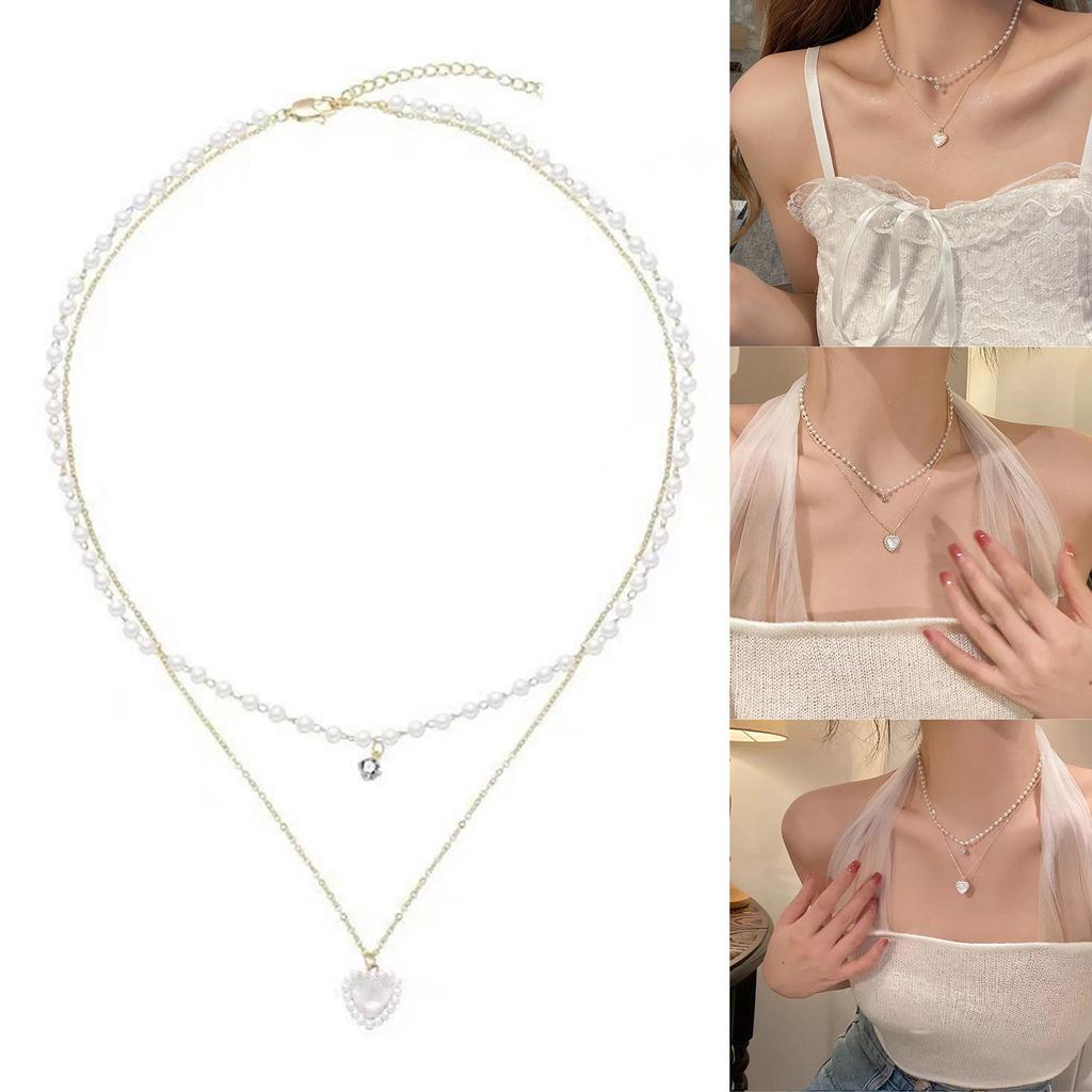 Women Fashion Necklace Elegant Party Jewelry Double Layer Necklace Pearls Chain Necklace Alloy Texture for Party Daily