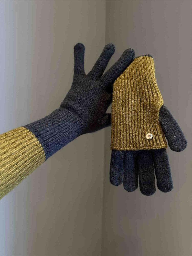 Autumn and Winter Long and Short Dual-purpose Color Matching Knitted Gloves Wool Can Touch The Screen To Play Mobile Phone Warm Riding Gloves