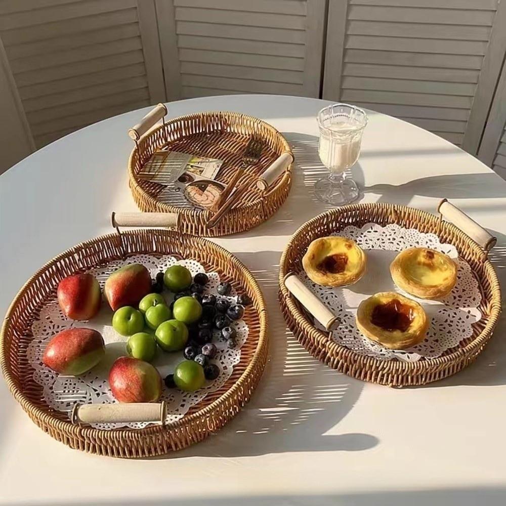 Compact Imitation Rattan Woven Baskets Handmade Storage Bin Snacks Plate Storage Basket Picnic