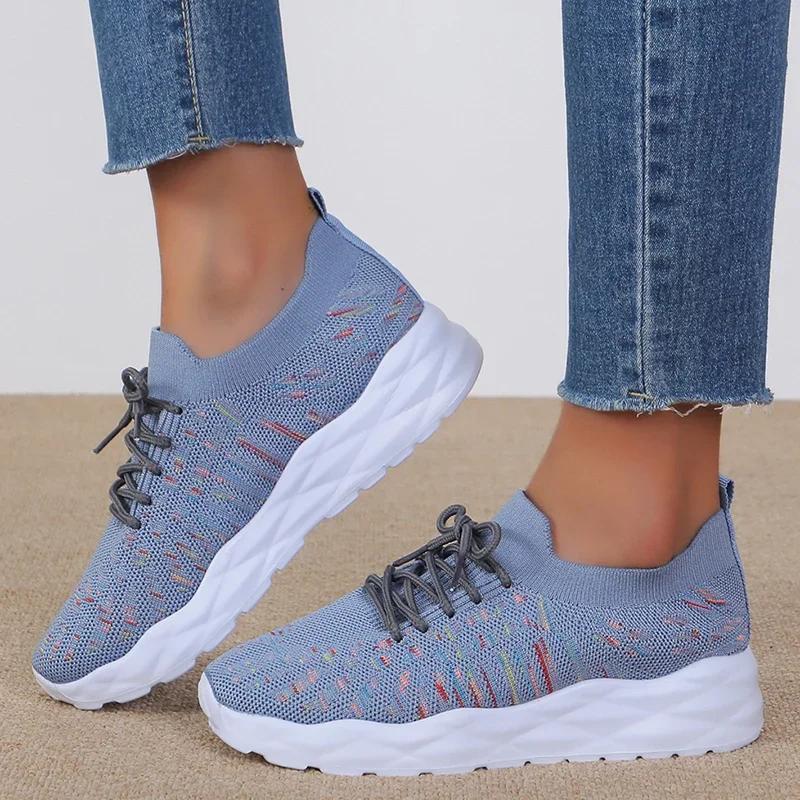 Fashion Mixed Color Knitted Platform Sneakers Women Spring Summer Casual Thick Sole Sports Shoes Woman Lace Up Non Slip Walking Shoes