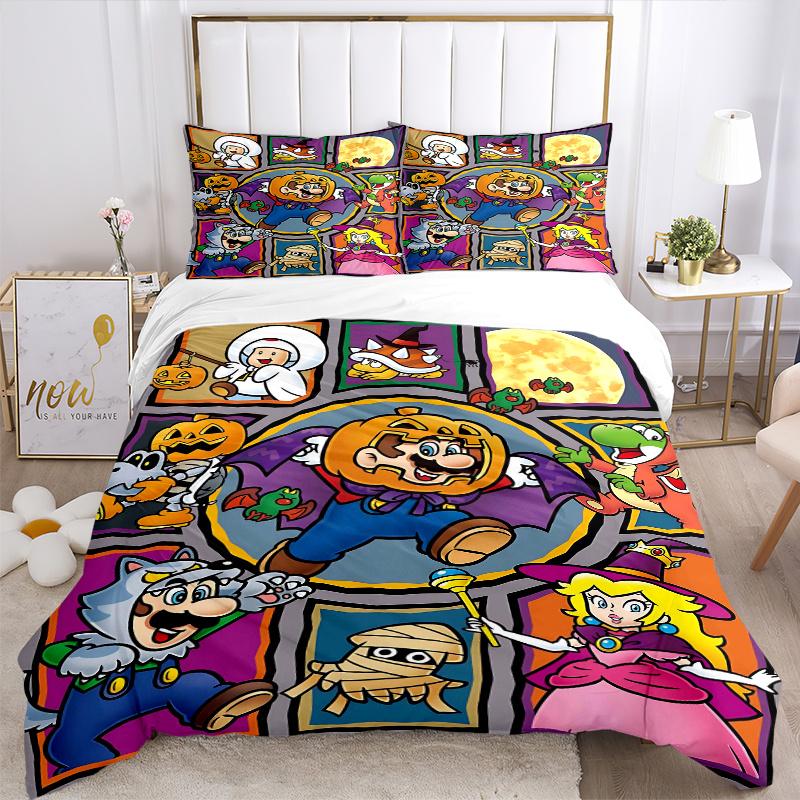 3pcs Halloween Costume Fun Mario & Friends Bedding Set - Includes Quilt Cover and Pillowcases, Suitable for All Seasons, Machine Washable -