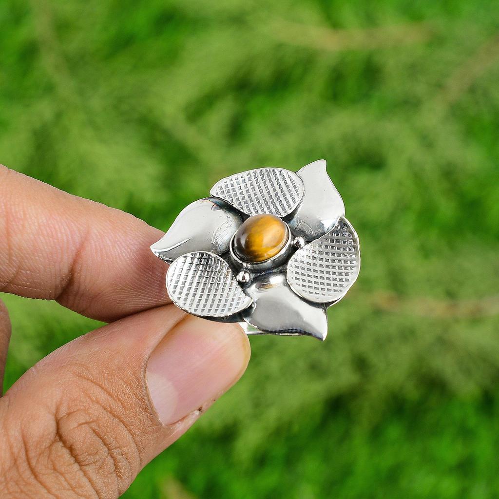 Gift For Her 925 Silver Natural TigerS Eye Stackable Flower Adjustable Ring
