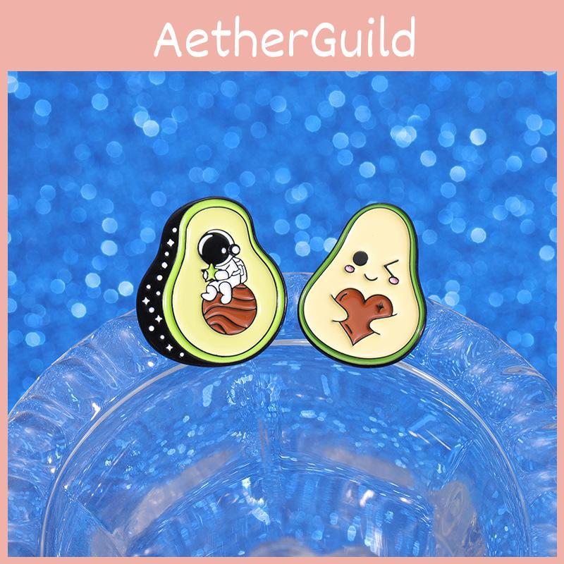 Adorable Cartoon Avocado Series Green Badge Cute Cat Astronaut Heart Shaped Metal Brooch