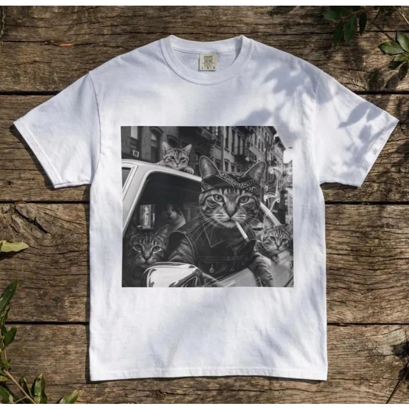 

Car Gangster Cat Tshirt Retro Street Style Unisexs Tshirt Summer New Y2K Cotton Casual Fashion Unisex Tshirt S