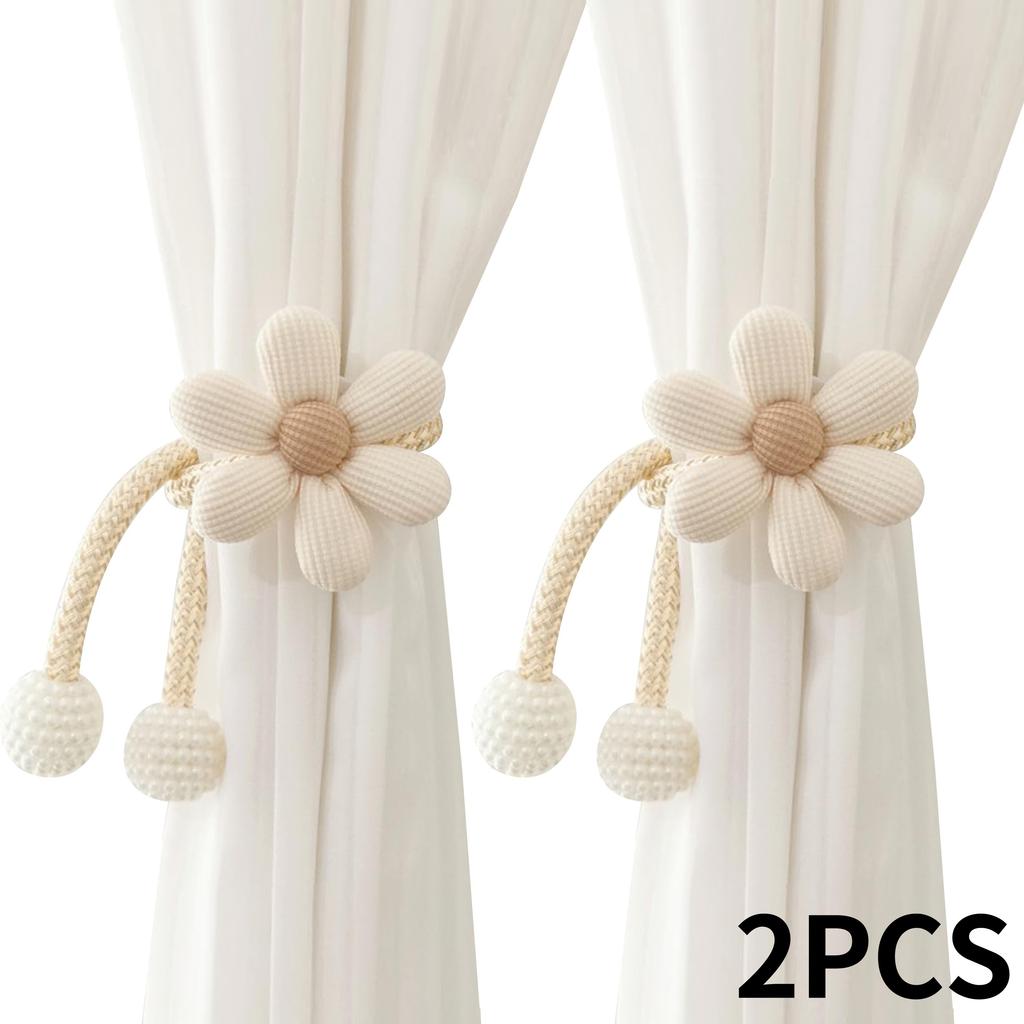 Elegant Adjustable Curtain Ties with Charming Floral Embellishments and White Faux Pearls - Easy No Drill Installation, Perfect for Bedroom