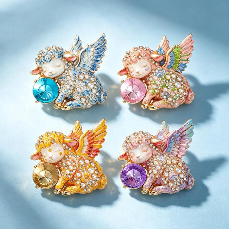 1Pcs Unisex Pearl Colorful Wing Goat Animal New Year Party Casual Brooch Pins Cute Angel Sheep Brooches For Women