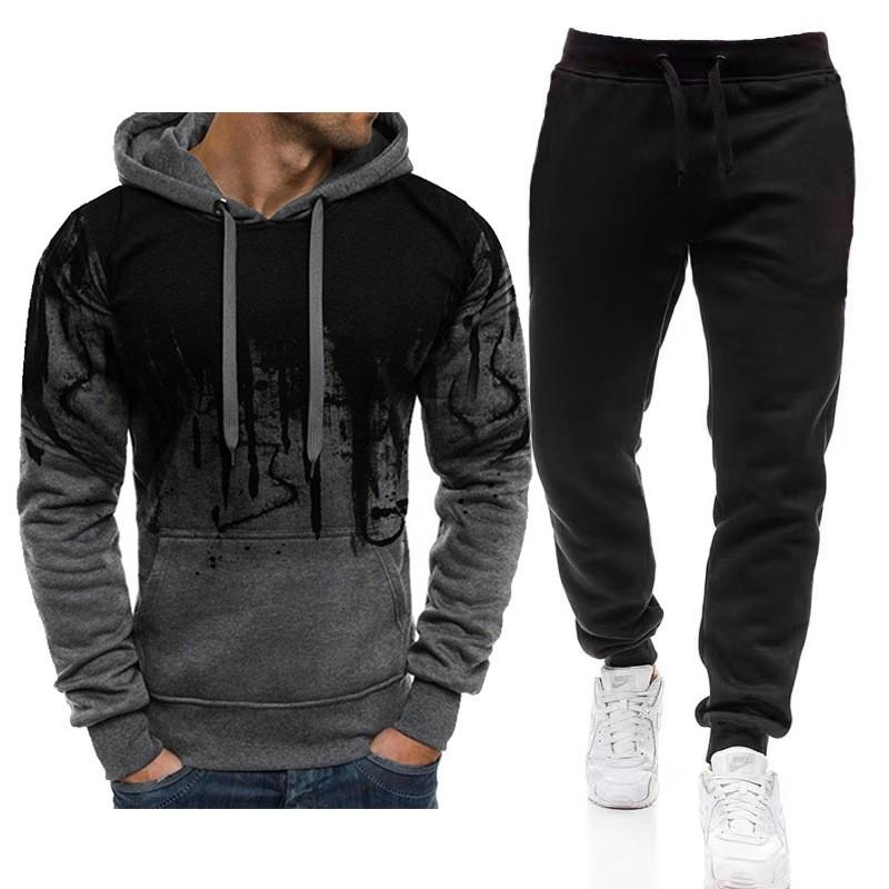 Mens Sportswear Set: Hooded Fleece Sweatshirt Long Pants Ink-Splash Print Warm Casual Tracksuit Fall