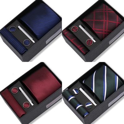 Men'S Business Tie Small Square Gift Box Set Formal Wedding Black Burgundy Striped Plaid Tie