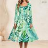 Women Plus Size Square Neck Long Sleeve Green Blue Printed A Line Flared Dress With Belt
