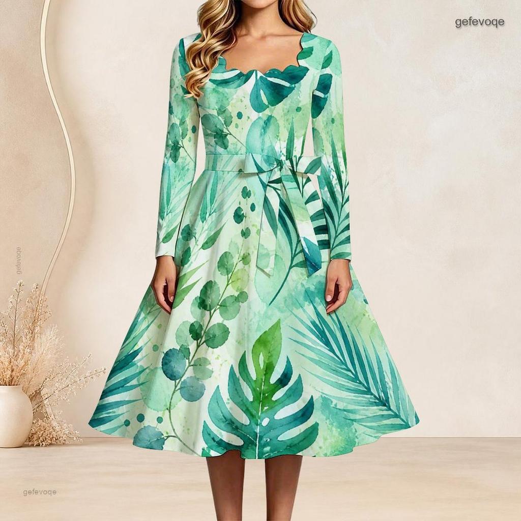 Women Plus Size Square Neck Long Sleeve Green Blue Printed A Line Flared Dress With Belt
