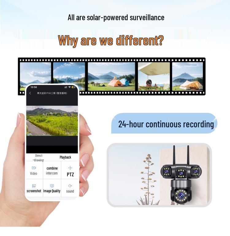 8MP Four-Lens Solar 4G Night Vision Outdoor Camera - Wireless, Remote Surveillance