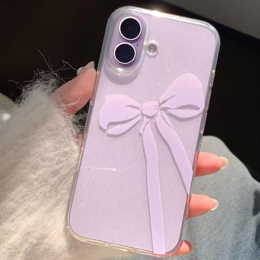 Glitter Bow Phone Case for 11, 12, 13, 14, 15 Pro, 16, 17 Pro Max with Large Camera Cutout