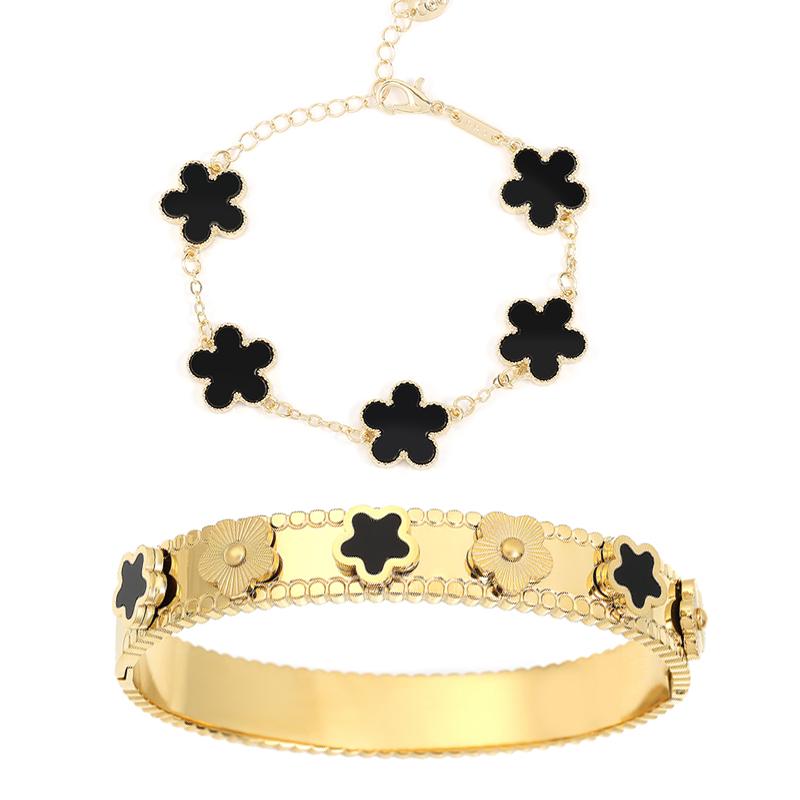 ZAKOL 2 Pcs Women's Stackable Gold Bracelets Bangle Zircon Set 14K Gold Plated Floral Non Tarnish Cubic Zirconia Bangle Gift