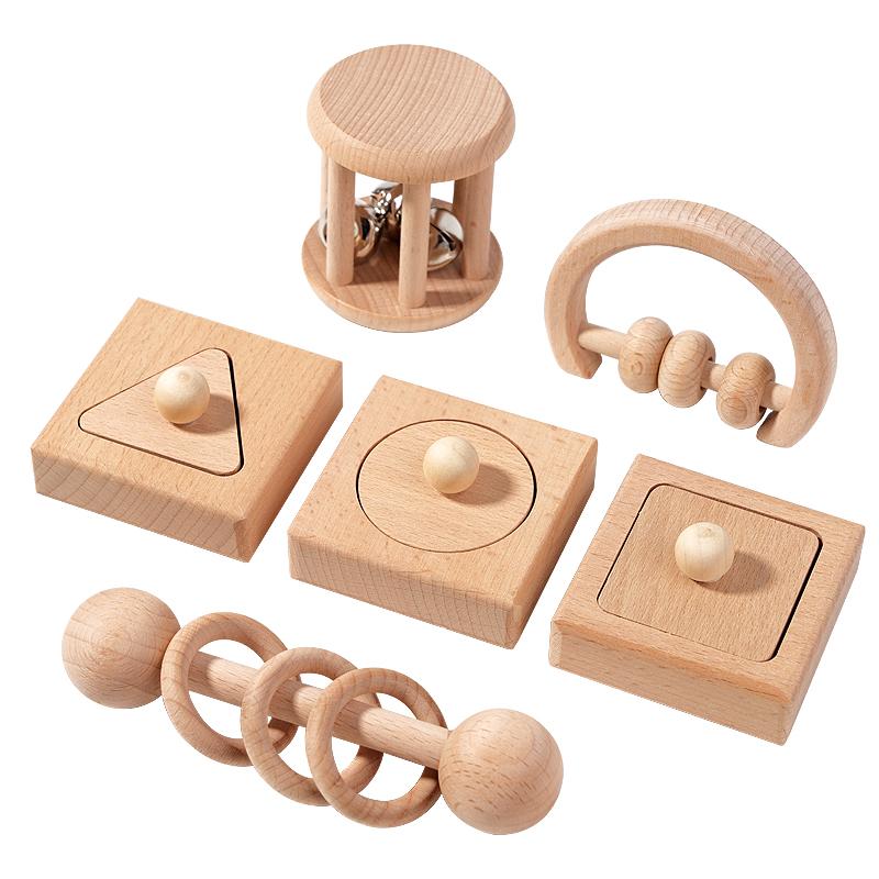 Montessori Puzzle Toys Wooden Geometric Shapes Sorting Baby Toys Wooden Rattles Ring Rattles Sensory Toys Preschool Education