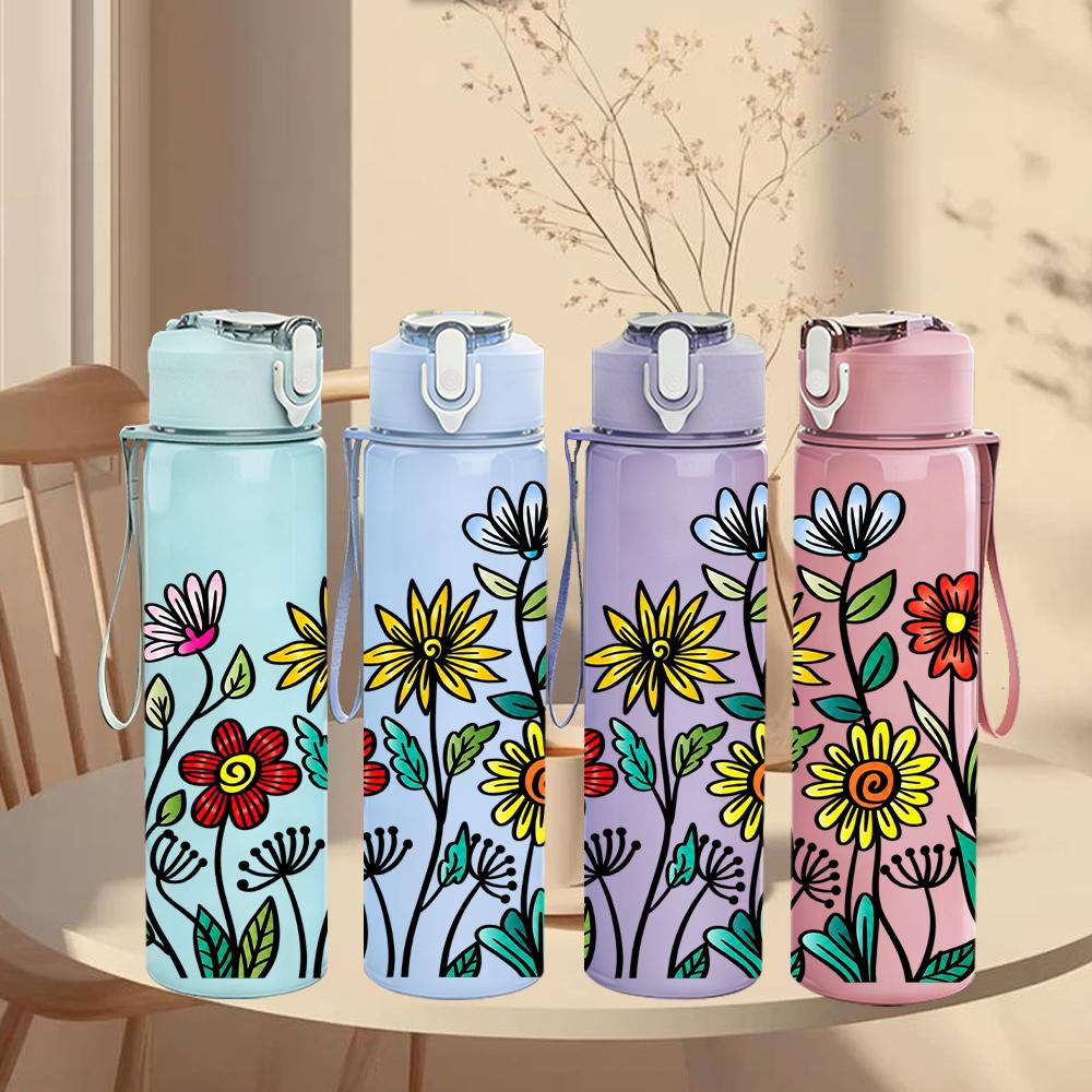 1PC Multi Wildflower Daisy Bouquet 750ml Color Plastic Sports Water Bottle Leakproof Flip Straw Lid Suitable for Sports Office Home Use