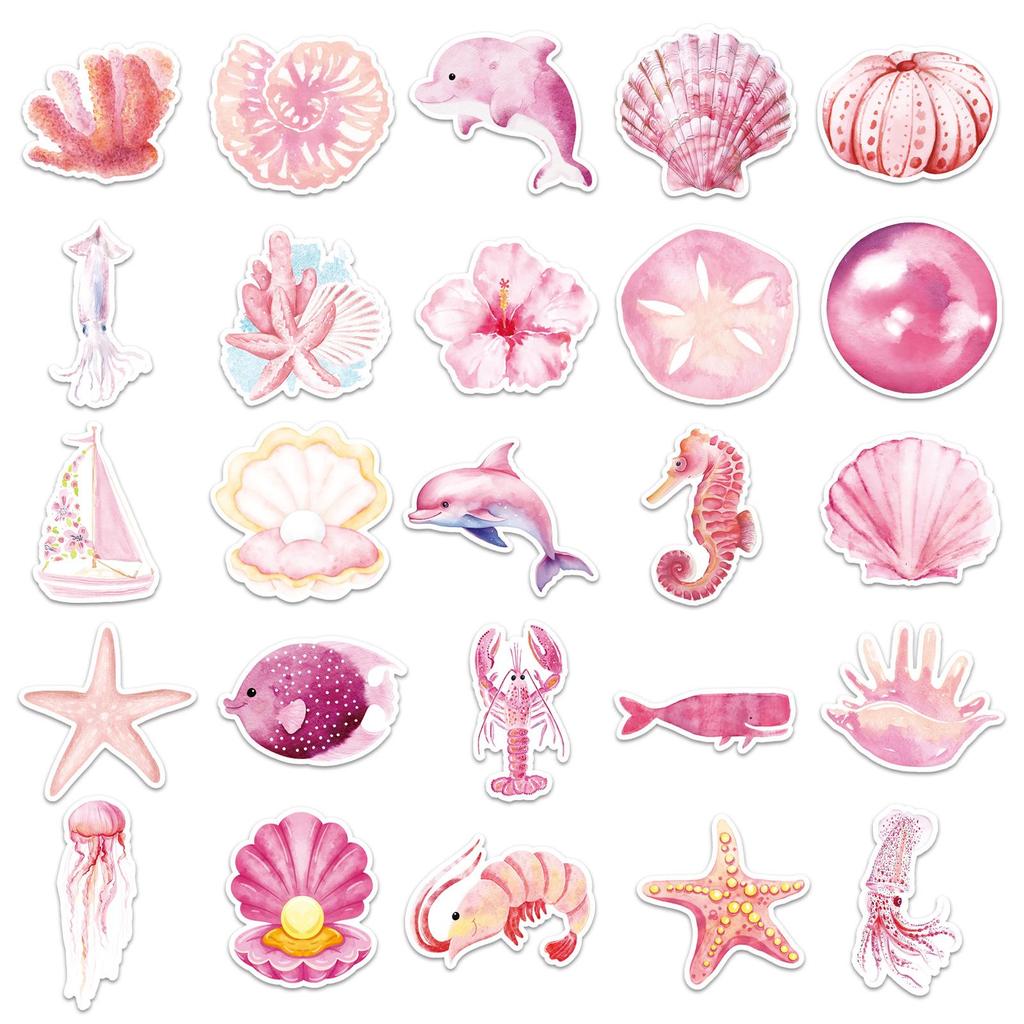 50 Pink Ocean Sea Turtle & Jellyfish Stickers for Water Cups, Desktops & Headphones