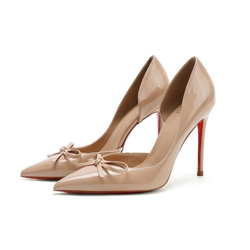 2025 side empty new nude bow French high heels femininity patent leather pointed heel summer single shoes women