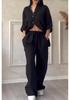 2024 Women's Solid Color Single-Breasted Shirt & Wide-Leg Tie Pants Set, Cotton-Linen Fabric