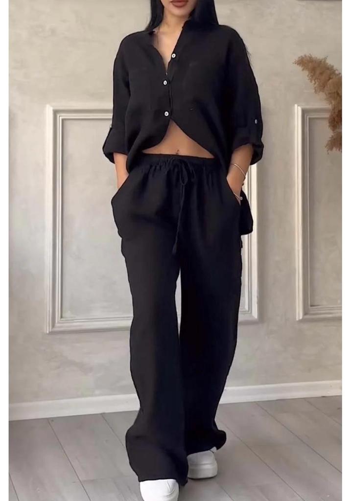 2024 Women's Solid Color Single-Breasted Shirt & Wide-Leg Tie Pants Set, Cotton-Linen Fabric