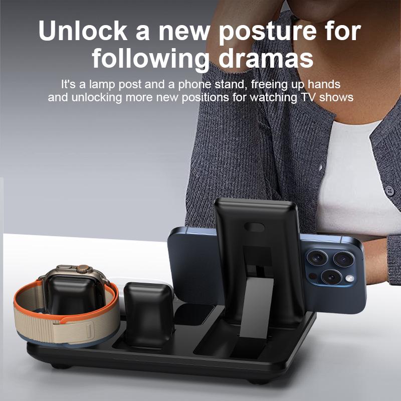 Wireless 4-in-1 Fast Charging Station: Auto Lifting, Folding Design for Phones, Watches, Earbuds, Desk Clock, and Lamp