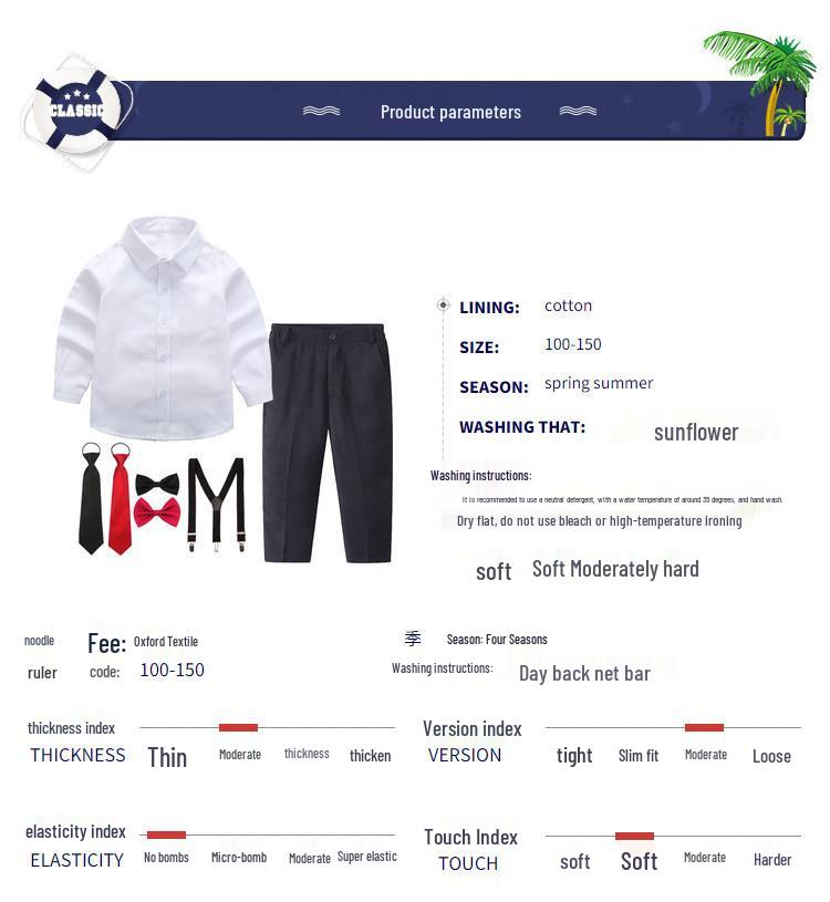Kids' Choir Formal Wear: White Shirt, Long Sleeve, Pants, Suspenders - Four-Piece Set for Toddlers & Children