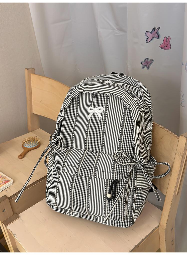 Zaino nebbia di limone texture a righe sequenza fiocco zaino festa studenti dolce ceroso estetico ragazza morbida orologio shopping nello zaino