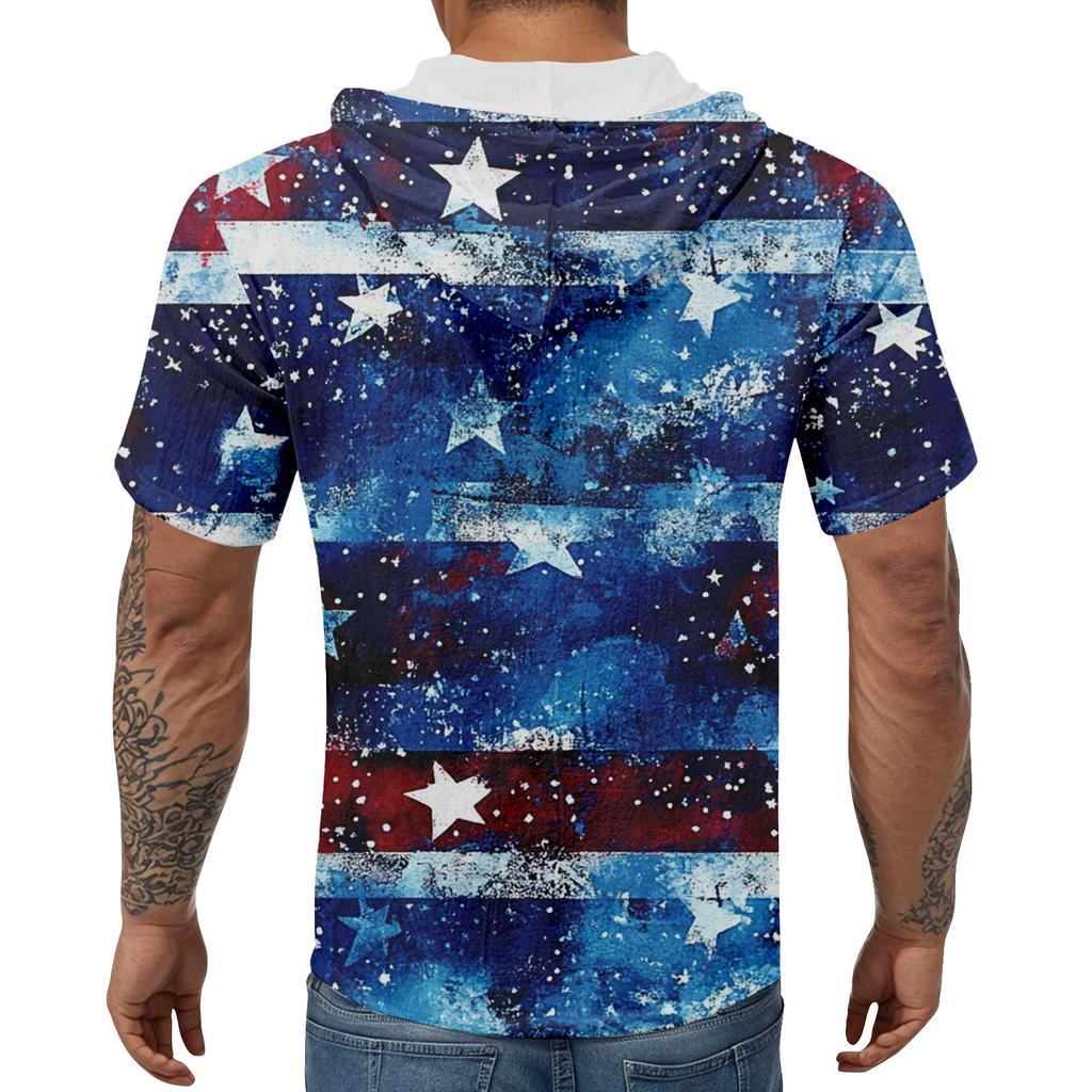 Men'S Casual Short Sleeved Hooded Top Buttoned Open Neck T-Shirt