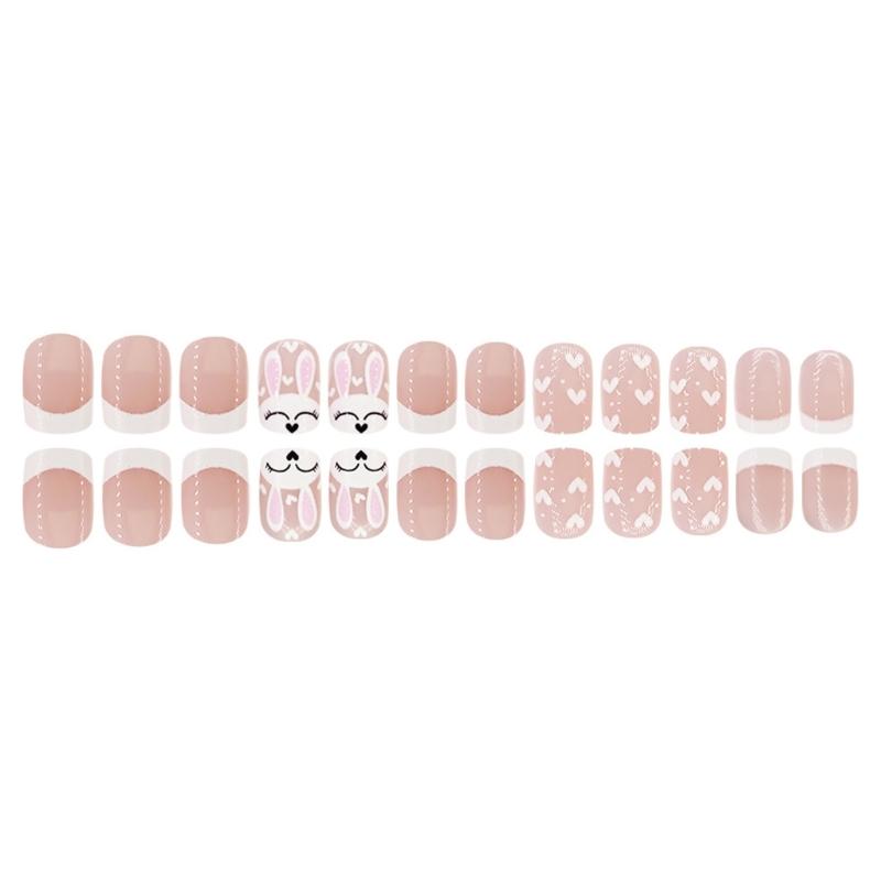 24pcs Square Press On Nail with Rabbit Pattern Short Artificial Nail Full Cover False Nail Manicure Nail Art for Women
