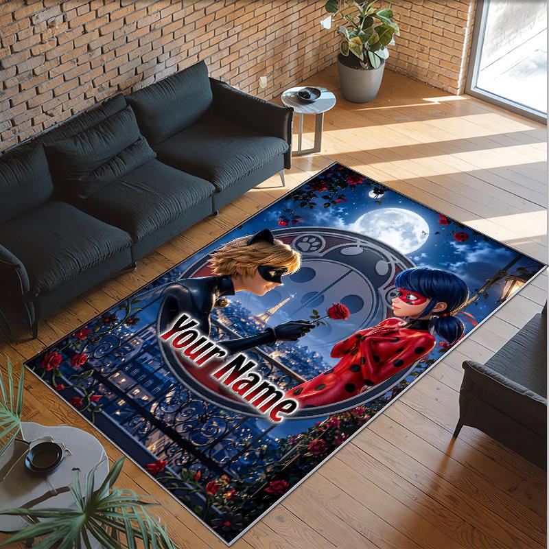 Alfombra de Terciopelo de Cristal Personalizada con Nombre y Texto, Alfombra de Área Antideslizante Miraculous Ladybug Para Decoración del Hogar