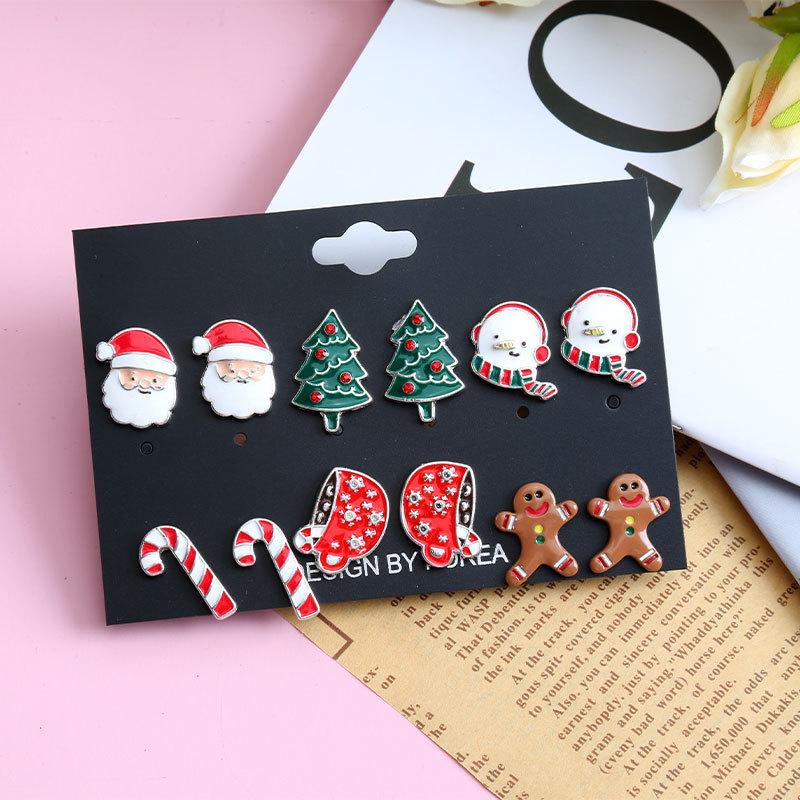 Christmas stud earrings combination new cartoon holiday alloy dripping elk old man bell earrings set
