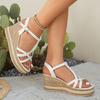 Fashion Elegant Nude Cross Strap Sandals Women 2025 Summer Crystal Buckle Wedge Heels Sandals Women Bohemia Soft Sole Beach Sandals