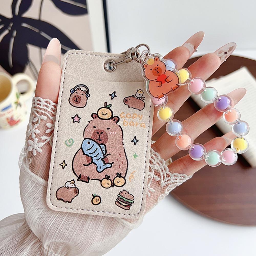Cute Capybara Card Holder Leather Bag Pendant Student Meal Card Double Card Slot Bus Card Protective Cover Gift