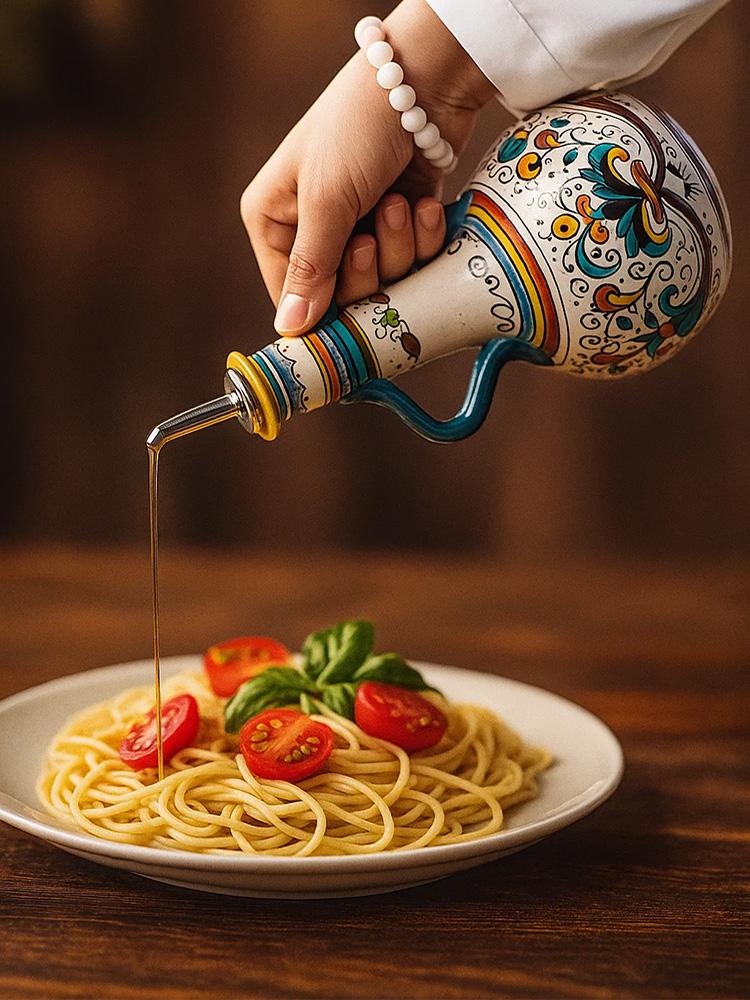 700ml Hand-Painted Ceramic Olive Oil Dispenser, Mediterranean Style Drip-Free Cruet with Handle, Artisanal Vinegar Bottle