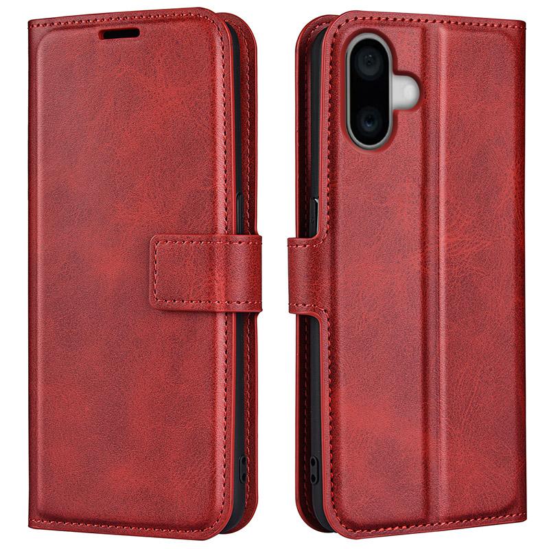 

For iPhone 16 Case Calf Texture PU Leather Folio Flip Phone Wallet Cover Red