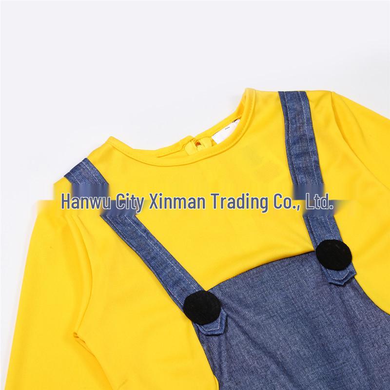 Kids' Cute Yellow Character Costume with Big Eyes, Overalls, Long Sleeves, Hat, and Gloves.