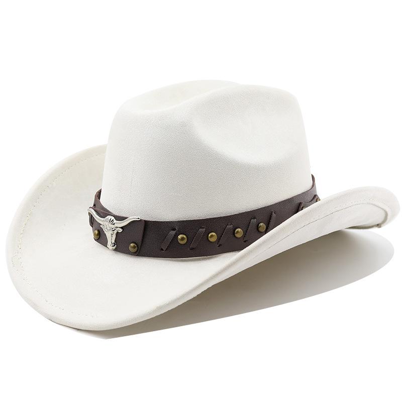 Cappello western da cowboy in camoscio con testa di mucca cappello a cilindro in lana jazz cappello in feltro stile etnico autunno e inverno cappello a tesa larga da uomo e donna